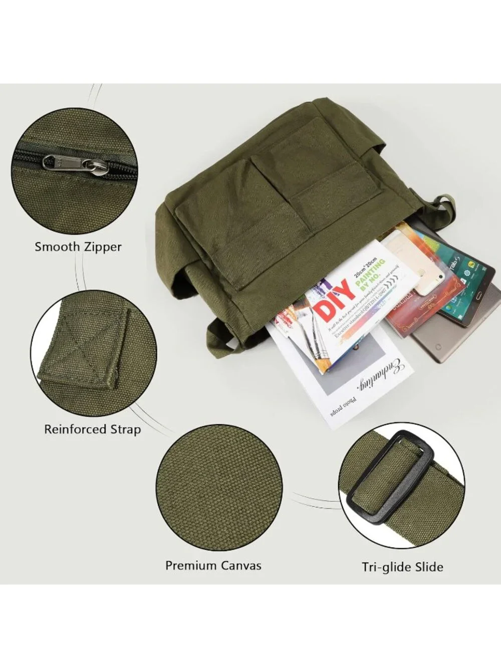 Women's Army Green Multiple Pockets Large Hobo Crossbody Shoulder Bag - Picture 4 of 6